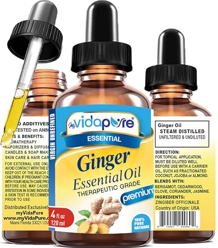 myVidaPure Ginger Essential Oil 100% Pure Natural Undiluted 4 fl oz- 120 ml for Beauty, Skin, Hair, Aromatherapy, Soaps, Candles, Reed Diffusers, Perfume