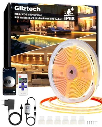 COB Led Strip 15M IP68 Waterdicht, 24V 2700 K Warmwit Zelfklevend Voor Buiten met Voeding, App en Afstandsbediening voor Dakrand, Tuin, Zwembad, Terras, Keuken, Badkamer