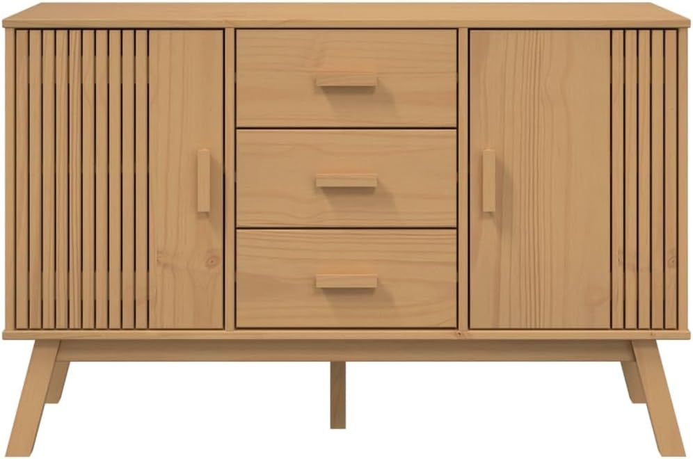 Scandinavian Style Sideboard in Warm Brown Solid Pine Wood 45 Inches Wide with Multiple Drawers and Spacious Cabinet Storage for Living Room Hallway
