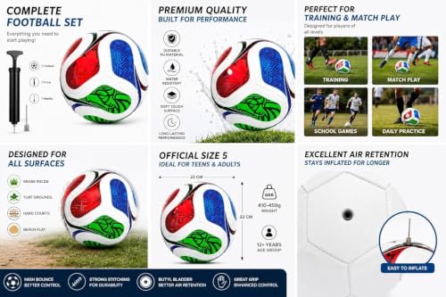 Image of Size 5 Football with Pump & Pin | PVC Leather Training Soccer Ball for Ground, Turf & Street Play | High Grip & Air Retention for Kids, Youth & Adults