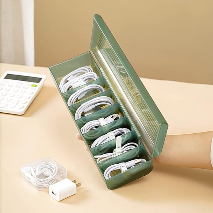 Image of STARLIX Charging Cord Organizer & Cable Management Box - 7 Compartments for USB Cords, Mobile Chargers, Paper Clips, Cards, Desk Electronics, Accessories, Durable, Space-Saving