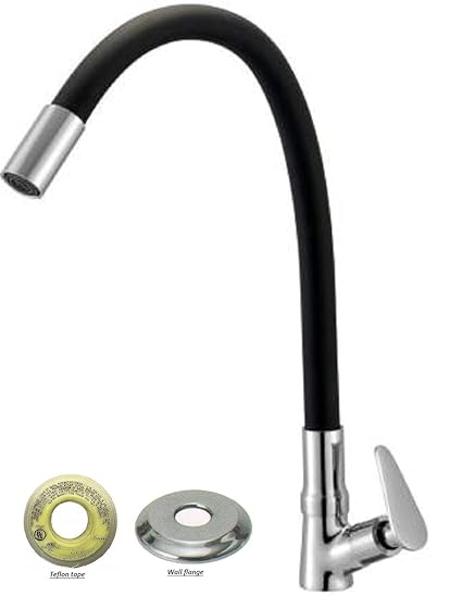 Grow-vit Mark Handle Brass Black Color Table Top Flexible Swan Neck tap for Wash Basin, Black Flexible Kitchen Basin tap with 360 Degree Rotating Spout Chrome Finish (with Teflon Tape and Flange)