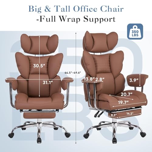 Image of Big and Tall Office Chair 350 LBS, Scratch-Resistant PU Leather Executive Office Desk Chair with Footrest, Ergonomic Reclining Computer Chair with Pocket Spring Support for Home Office, Brown