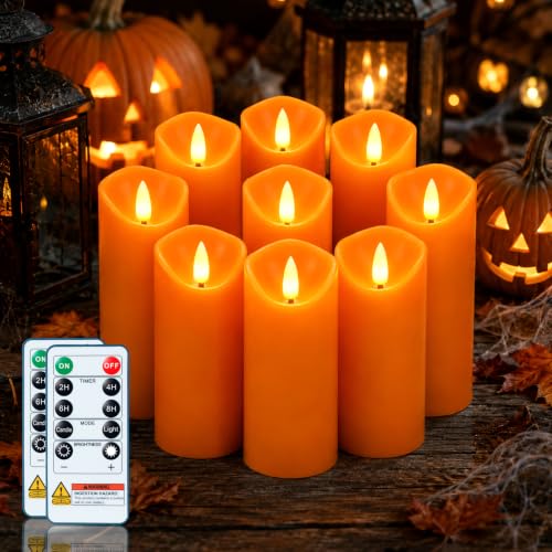 Image of Homemory Orange Halloween Flameless Candles, Remote Timer, 9 Pack | Battery operated LED pillar candles, remote timer, Halloween candles, fall decor, harvest, Thanksgiving, mantel, lanterns