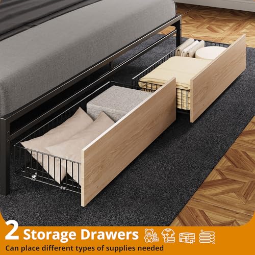 Image of LIKIMIO California King Size Bed Frame with 2 Drawers and Charging Station | Platform Bed with Upholstered Storage Headboard, No Box Spring Needed, Easy Assembly, Sturdy, Wood and Cream