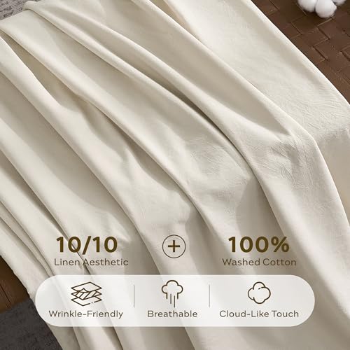Image of JELLYMONI 100% Washed Cotton Duvet Cover Full - Soft, Breathable Linen-Look Bedding with Natural Wrinkle Texture, Button Closure, 3-Piece Set (Oat Milk, 80 inchx90 inch)