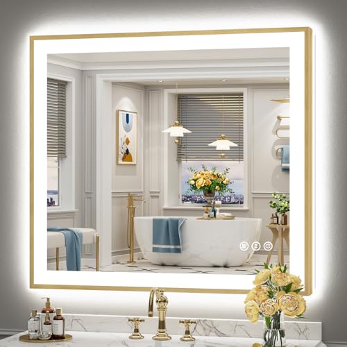 Image of 40x36 Gold LED Bathroom Mirror with Lights, Lighted Vanity Mirror | Backlit & Front Lit, Anti-Fog, Brushed Gold Framed, 3 Color Dimmable, Memory, HD Tempered Glass, CRI95, Horizontal /Vertical