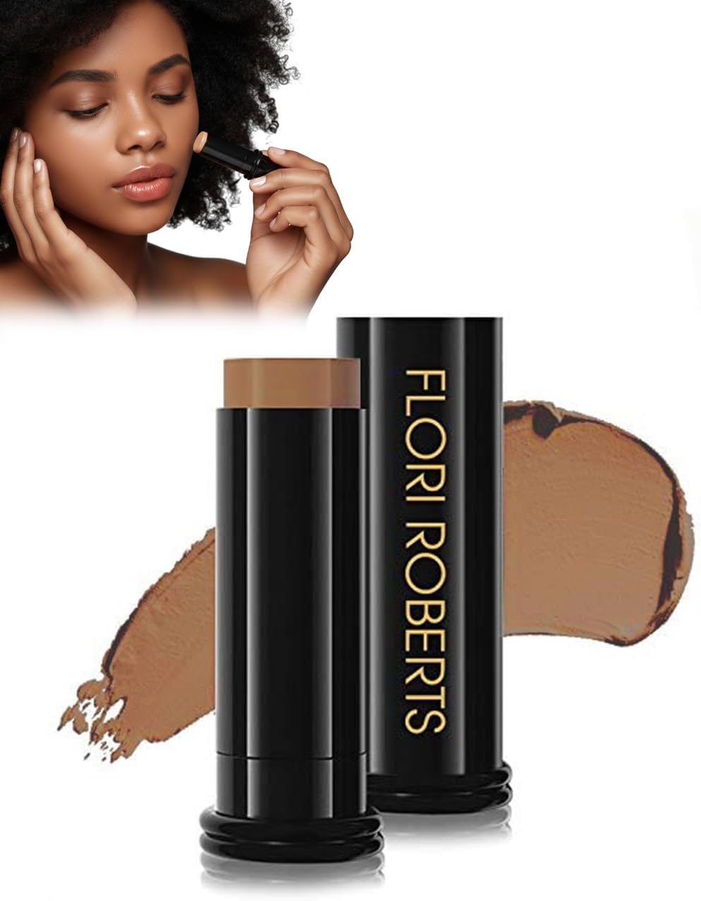 Base Strokes Crème Foundation Stick by Flori Roberts, Full Coverage for Women of Color or Deeper Skin Tones, Long Lasting Makeup, Natural Finish, Complexion Concealer & Corrector