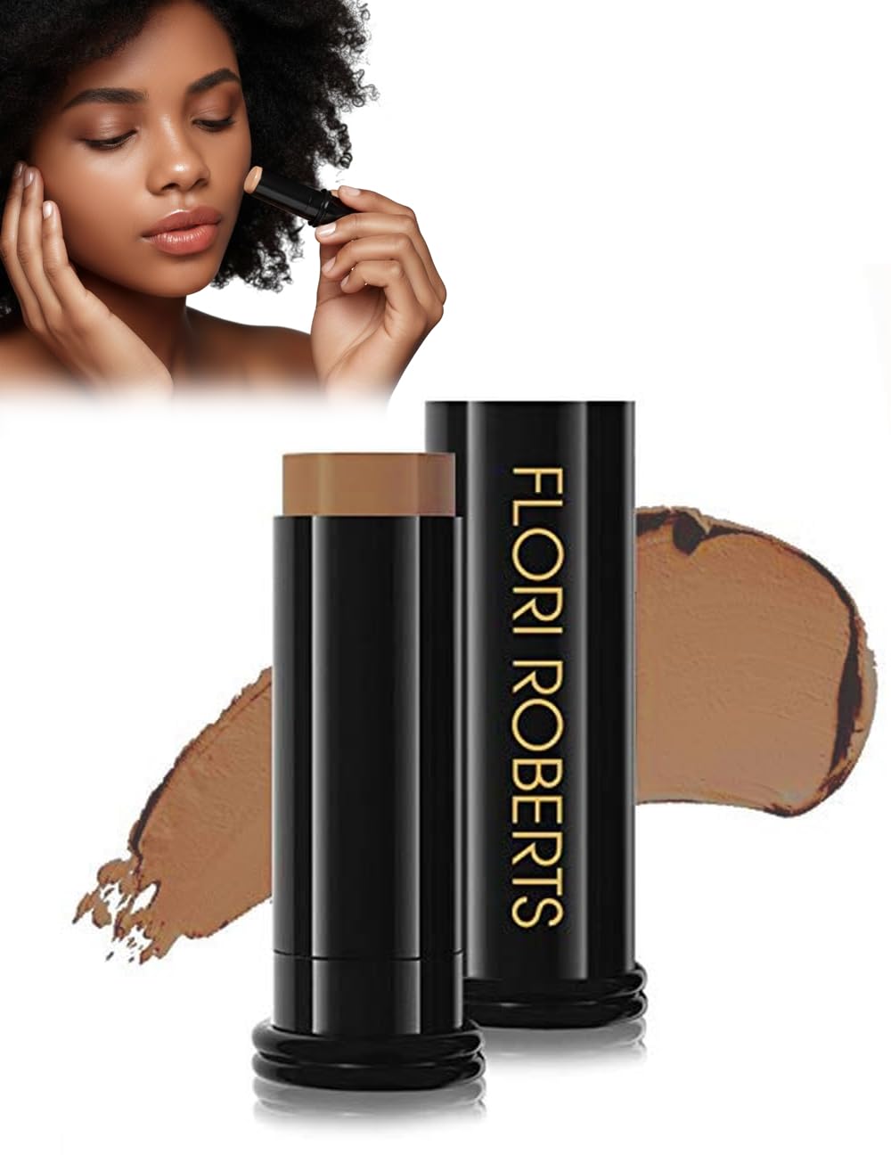 Base Strokes Crème Foundation Stick by Flori Roberts, Full Coverage for Women of Color or Deeper Skin Tones, Long Lasting Makeup, Natural Finish, Complexion Concealer & Corrector