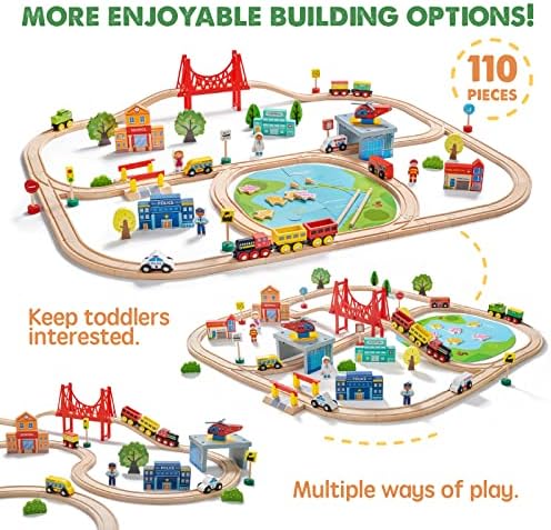 Tiny Land 110PCS Wooden Train Set, Toy Train with Tracks for Kids Ages 3-7