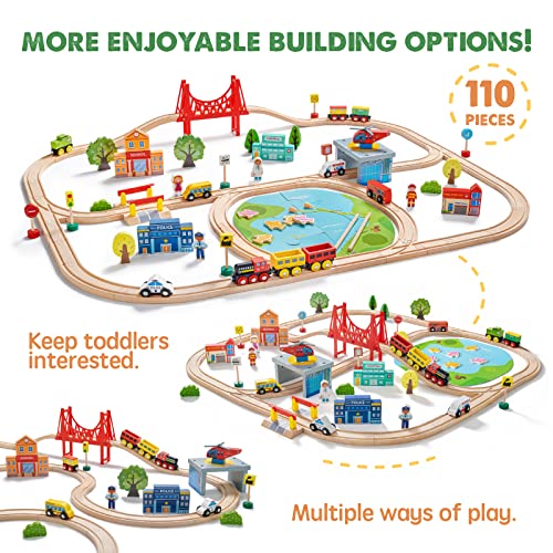 tiny land 110pcs wooden train set  toy train with tracks for kids ages 3-7 compatible with major brands ideal railway playset for boys and girls great birthday