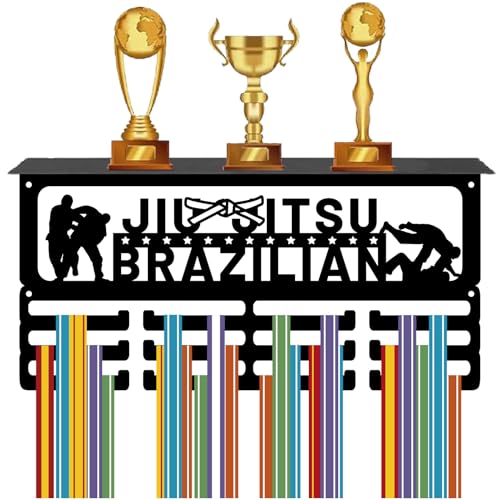 CREATCABIN Espositore Medaglie Espositore Trofei Porta Medaglie Supporto Ripiano Jiu Jitsu Brazilian Sports 4 in Metallo Montaggio A Parete Contiene 70+ medaglie BJJ Porta Medaglie Nastro 40x20cm