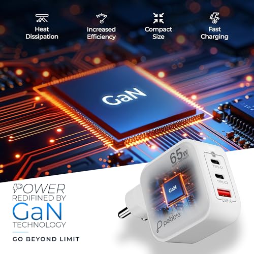 Image of Pebble PWC121 65W GaN Ultra Fast Charger | 3-Port Compact Adapter (2 Type-C + 1 USB) | Smart Power Delivery | Excessive Power & High Voltage Protection | Lightweight Travel-Friendly with Cable