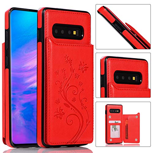 QFUN Back Wallet Case for Samsung Galaxy S10 Plus with Stand, Elegant Embossed Design [Butterfly Flower] Lightweight Slim Fit Leather Phone Case with Card Holder Protective Bumper Flip Cover - Red