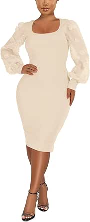 acelyn Women's Sexy Mesh Long Puff Lantern Sleeve Bodycon Dress Square