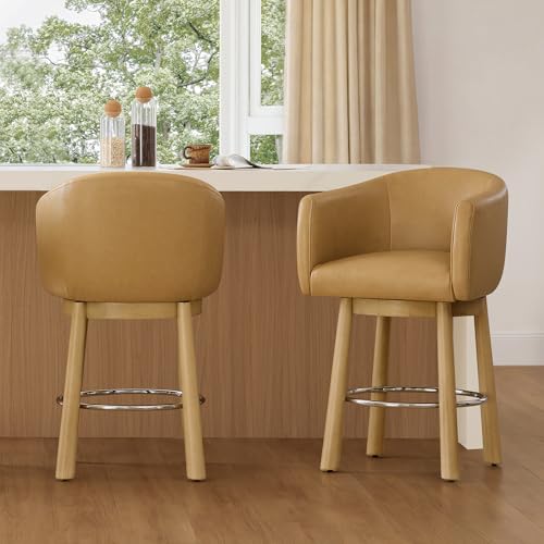 CHITA Genuine Leather Swivel Bar Stool Set of 2, Modern Counter Height Bar Stools with Arms, Solid Wood Turned Legs, Upholstered Barstools for Kitchen Island, 26