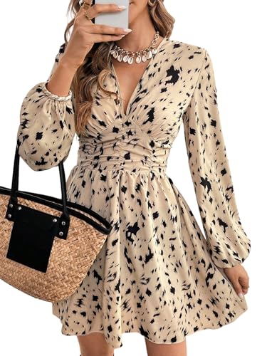 SweatyRocks Langarm Kleid Damen Elegant Herbstkleid Mit Leo Print Damenkleider Leo Blusenkleid Winter Minikleid Mit Rüschen Wickelkleider...
