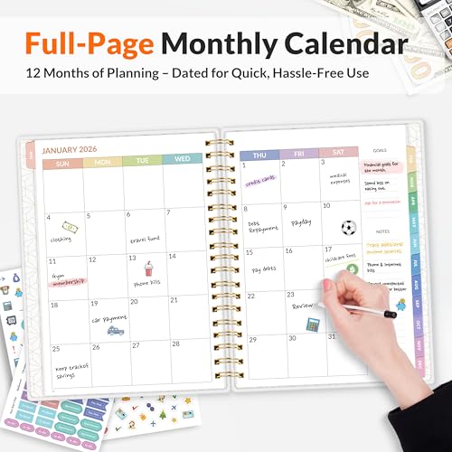 SUNEE 2026 Budget Planner - Deluxe Monthly Budget Book from JAN 2026 - DEC 2026, Bill Organizer with 12-Pockets, Expense Tracker Notebook B5 Size (8\" x 10\"), Finance Planner Account Book, Black