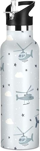 Insulated Water Bottle with Straw Helicopter and Stars Cloud Silver Double Wall Vacuum Insulated Lightweight for Sport Gym Outdoor Travel School