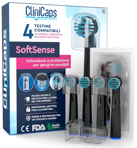 4 Testine Morbide Spazzolino Elettrico Ricambio Compatibile con Oral-B Setole Morbide per Gengive Sensibili CliniCaps SoftSense Colore Nero Doppia Protezione Bustina Asettica e Cappuccio Protettivo