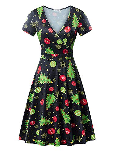 MSBASIC Womens Christmas Dress Wrap V Neck Holiday Casual Flare Party Dress Black XXL