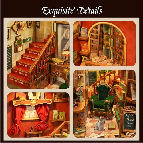 Image of Tonecheer DIY Book Nook Kit for Adults, 3D Wooden Puzzle Bookend Bookshelf Insert Library Bookstore Model Decor, Booknook Miniature Dollhouse with Sensor LED Light for Gifts (Left Bank Bookstore)