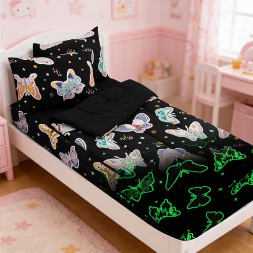 Image of Meeting Story Glow in the Dark Girl Butterfly Full Bedding Sets Zipper Bedding, 3 Pcs Zip Up Comforter Bed in a Bag with Fitted Sheet and 2 Pcs Pillowcases(Blackpurple,Full)
