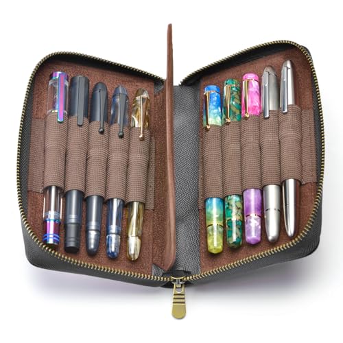 Image of Fountain Pen Leather Pen Case 10 Divided Slots, Rollerball Pen Holder Handmade Display Organizer Zippered Pouch