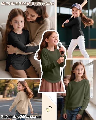 3 Pack Girls Long Sleeve Shirts Kids Crewneck Curve Hem Casual Tops Raglan Sleeve Athletic Comfy Pullover Tees4