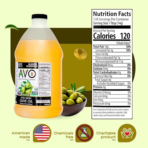 Image of AVO Organic Olive Oil Extra Virgin Cold Pressed, 64 Fl-oz (Half Gallon) NO preservatives added, High Smoke Point 410F Oil Cooking