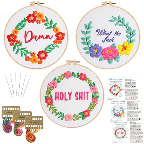 Image of Louise Maelys 3 Pack Flower Embroidery Kit for Beginners, Cross Stitch Kits for Adults, DIY Needlepoint Kits with Pre Printed Patterns, Hoop, Threads and Clear Instruction