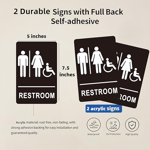 Image of (2 Pack) Restroom Signs - Acrylic Restroom Sign for Business with Strong Self-Adhesive, Bathroom Door Signs for Home Office or Wall, Waterproof and Easy to Install (7.5 x 5 Inches Unisex)