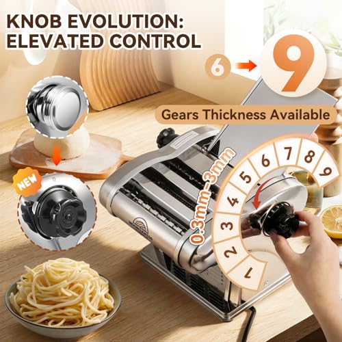 Moongiantgo Nudelmaschine Elektrische, Edelstahl Nudelmaker, Pastamaschine mit 3 Klingen von 1,5 mm, 4mm und 9 mm, 9-Stufige Dickeinstellung 0,3-3 mm für Nudeln,Fettuccine,Tagliolini,Ravioli,Dumpling