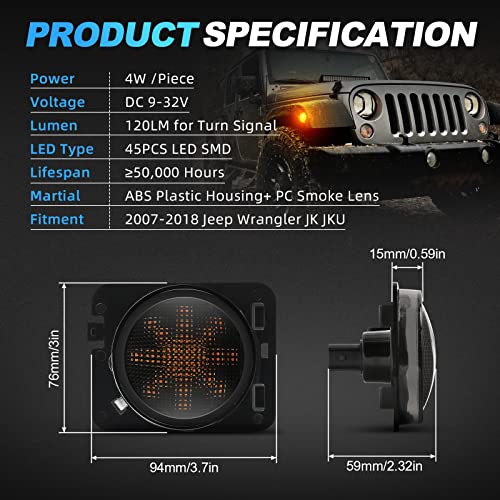 Suparee Led Front Fender Side Marker Light Assembly With Clear Smoke Lens, Amber Yellow Turn Signal Lights With Dynamic Sequential Lighting Effects For 2007-2018 Jeep Wrangler Jk Jku Rubicon Unlimited #TOP6