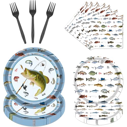 Gone Fishing Party Tableware Decorations - 96 Pcs Fishing Birthday Party Disposable Paper Tableware Supplies Plates Napkins Forks For Fish Theme Birthday Decoration Ofishally One Serves 24 Guests