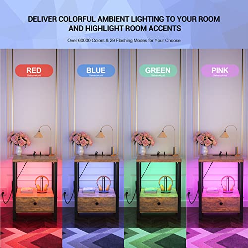 Ecoprsio Nightstands Set Of 2 With Charging Station And Led Lights, Modern Night Stand Bedside Table With Storage Drawer, End Side Table With Power Outlet For Bedroom Living Room, Rustic Brown #TOP4