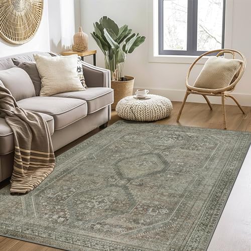 GENIMO 6x9 Area Rug for Living Room, Non Slip Machine Washable Low Pile Large Rug, Sage Indoor Vintage Lightweight for Bedroom, Dining Room & Home Office