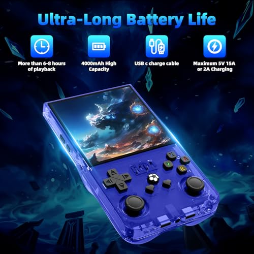 Image of R36MAX Retro Gaming Console, Retro Handheld Games Console with 64GB TF Card, 4.0 inch IPS HD Screen Video Game Consoles, Portable Hand Held Open Source Linux System, 4000mAh Battery,Transparent Blue
