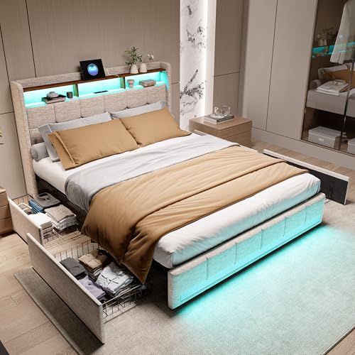 DULRLLY Cama tapizada de 140 x 200 cm, cama doble LED con 4 cajones, marco de cama con somier, marco de cama con almacenamiento, cama juvenil, cabecero con iluminación LED y función de carga USB, lino