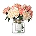 MISBEST Artificial Rose Flowers with Vase,Fake Silk Champagne Bouquet with Glass Jar Home Rope for Wedding Proposal Bride Home Decoration and The Best Gift, Champagne