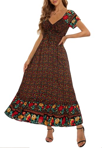Image of Summer Smocked Boho Maxi Dress for Women 2026 Short Sleeve Floral Smocked Flowy Ruffled Beach Vacation Dresses Lightweight