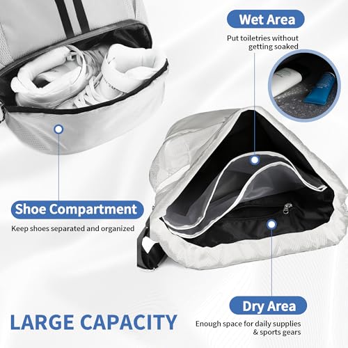 Image of JELUTAR Drawstring Backpack Gym Bag with Shoes Compartment, White | Water-Resistant String Backpack for Soccer, Basketball, Swim, Beach Cinch for Women Men, 22 L Large Capacity, Wet Pocket