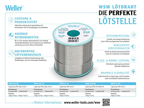Foto von Weller WSW SCN M1 (T0051402999) Bleifreier Lötdraht Set, Ø 0,3/0,5/0,8 mm, Sn99.3Cu0.6Ni0.05, Flussmittelgehalt 3,5%, 21 g