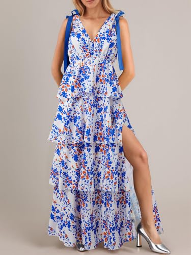 Image of Wenrine Womens Summer Floral Maxi Dress Tie Strap Sleeveless V Neck High Slit Boho Ruffle Tiered Beach Dresses