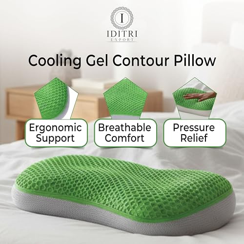 Image of Ergonomic Curved Cooling Gel Pillow, Microfiber Filled with Hexagonal TPE Grid Layer, Neck & Shoulder Support, Air Flow Design, Zippered Washable Cover, 24x13x5 inch, Green