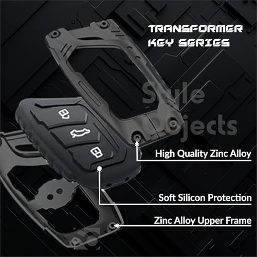 Image of STYLEOBJECT Waterproof Premium Luxury New Transformer Series Soft Silicon Car Key Shell with Keychain & Full Protection 3 Button Metal Smart Car Key Cover for Mg (Astor, ZS EV) Black