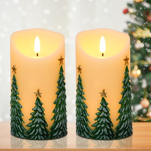 Eldnacele Christmas Tree LED Candles Battery Operated with 6 Hour Timer, Real Wax Hand-Painted Flameless Pillar Candles with Flickering Flame for Christmas Decorations(2 Pack, 3 D x 6.5 H)