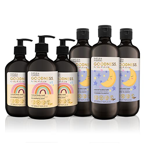 Baylis & Harding Goodness Kids Toiletries Bundle: 3 x 500 ml Body Wash & 3 x 500 ml Bubble Bath (6 bottles) - Vegan Friendly