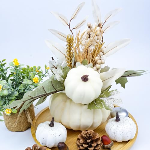 Image of Fall Centerpieces for Tables, Fake Pumpkin Decor for Thanksgiving Table Decorations, Artificial White Pumpkins for Decorating Fall Table Centerpieces for Home Decor Harvest Tabletop Kitchen Party