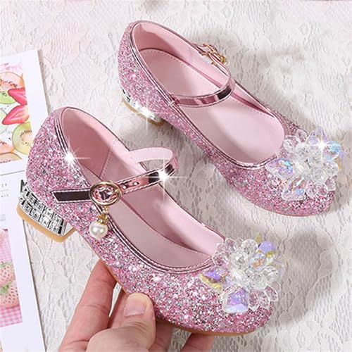 Girls High Heels Glitter Mary Jane Shoes with Flower Charm | Glitter finish flower jewel pearl strap and low heel bring a festive look to parties and recitals Pink Size 9 - image 2